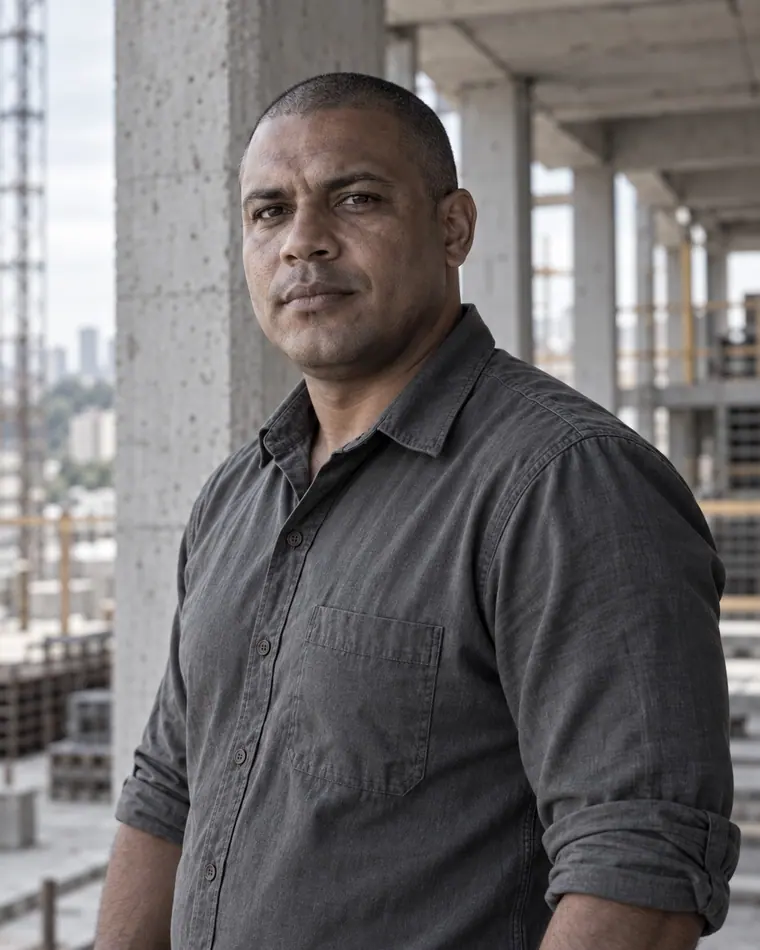 Retrato gerado por IA de Elias Trentini, engenheiro civil fictício: meio-corpo ao lado de um pilar de concreto, num pavimento em obra, camisa de trabalho com as mangas dobradas.