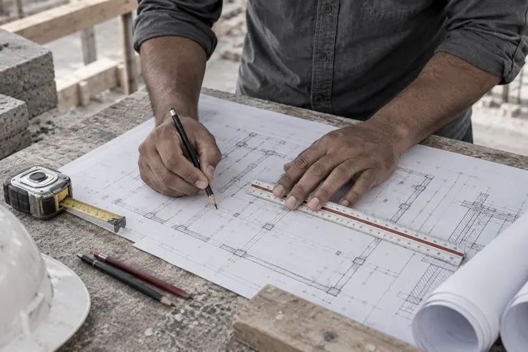Retrato gerado por IA: as mãos do engenheiro fictício desenhando sobre uma planta impressa, com trena, lápis e escalímetro ao lado.