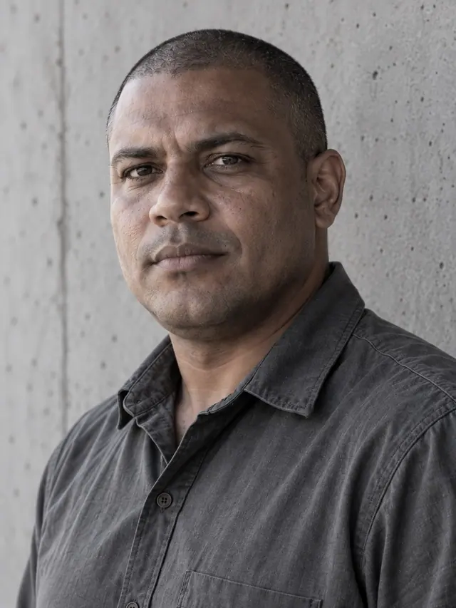 Retrato gerado por IA do engenheiro civil fictício em enquadramento fechado, diante de uma parede de concreto.
